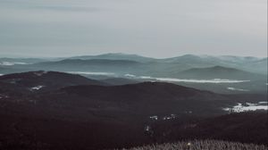 Preview wallpaper mountains, fog, trees, sky, horizon, distance