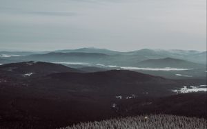 Preview wallpaper mountains, fog, trees, sky, horizon, distance