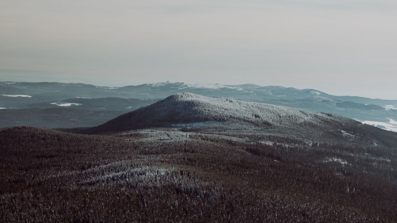 Wallpaper mountains, fog, trees, snowy, sky