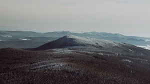 Preview wallpaper mountains, fog, trees, snowy, sky
