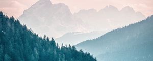 Preview wallpaper mountains, fog, trees, sky, slope