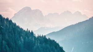 Preview wallpaper mountains, fog, trees, sky, slope
