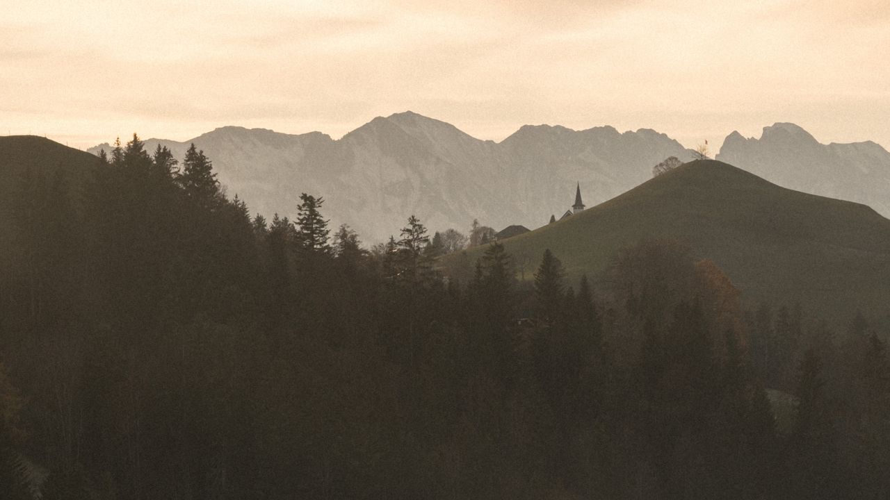 Wallpaper mountains, fog, trees, dusk