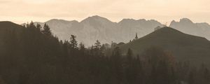 Preview wallpaper mountains, fog, trees, dusk