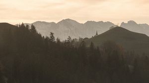 Preview wallpaper mountains, fog, trees, dusk