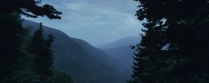 Preview wallpaper mountains, fog, trees, moon, landscape, dusk