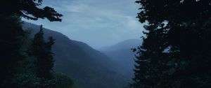 Preview wallpaper mountains, fog, trees, moon, landscape, dusk