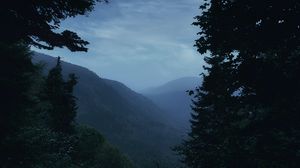 Preview wallpaper mountains, fog, trees, moon, landscape, dusk