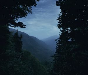 Preview wallpaper mountains, fog, trees, moon, landscape, dusk