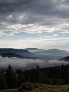 Preview wallpaper mountains, fog, trees, nature
