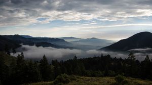 Preview wallpaper mountains, fog, trees, nature