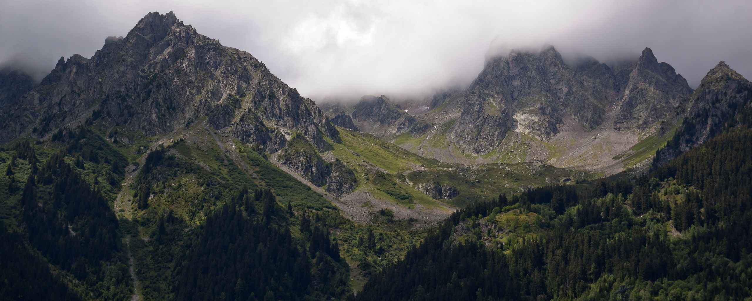 Download Wallpaper 2560x1024 Mountains, Fog, Trees, Landscape Ultrawide 