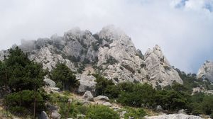 Preview wallpaper mountains, fog, trees, landscape, clouds, protection