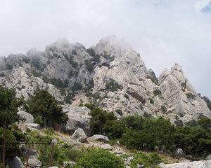 Preview wallpaper mountains, fog, trees, landscape, clouds, protection