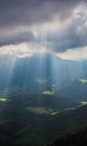 Preview wallpaper mountains, fog, valley, alps, trees