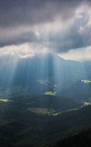 Preview wallpaper mountains, fog, valley, alps, trees