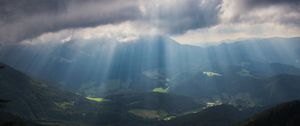 Preview wallpaper mountains, fog, valley, alps, trees