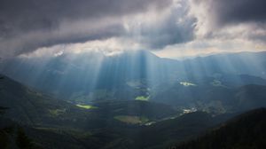 Preview wallpaper mountains, fog, valley, alps, trees