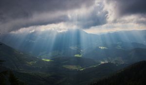Preview wallpaper mountains, fog, valley, alps, trees