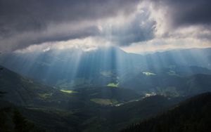 Preview wallpaper mountains, fog, valley, alps, trees