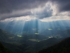 Preview wallpaper mountains, fog, valley, alps, trees