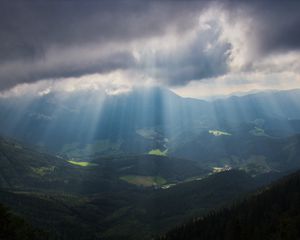 Preview wallpaper mountains, fog, valley, alps, trees