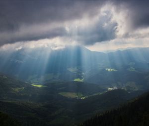 Preview wallpaper mountains, fog, valley, alps, trees