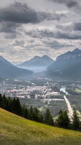 Preview wallpaper mountains, fog, valley, village, view, nature