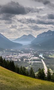 Preview wallpaper mountains, fog, valley, village, view, nature