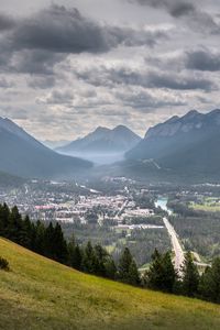 Preview wallpaper mountains, fog, valley, village, view, nature
