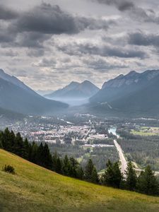 Preview wallpaper mountains, fog, valley, village, view, nature