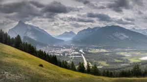 Preview wallpaper mountains, fog, valley, village, view, nature