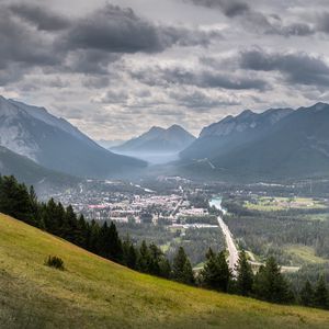 Preview wallpaper mountains, fog, valley, village, view, nature