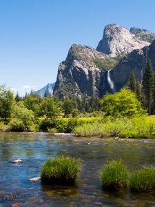 Preview wallpaper mountains, foothills, trees, lake, landscape