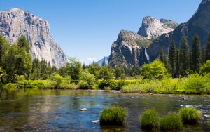 Preview wallpaper mountains, foothills, trees, lake, landscape