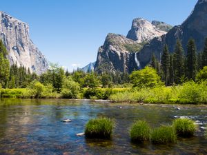 Preview wallpaper mountains, foothills, trees, lake, landscape