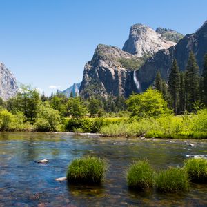 Preview wallpaper mountains, foothills, trees, lake, landscape