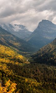 Preview wallpaper mountains, forest, clouds, landscape, valley