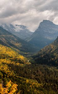 Preview wallpaper mountains, forest, clouds, landscape, valley