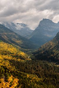 Preview wallpaper mountains, forest, clouds, landscape, valley