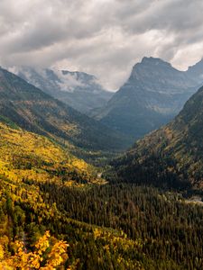 Preview wallpaper mountains, forest, clouds, landscape, valley