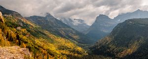 Preview wallpaper mountains, forest, clouds, landscape, valley