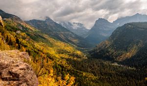 Preview wallpaper mountains, forest, clouds, landscape, valley