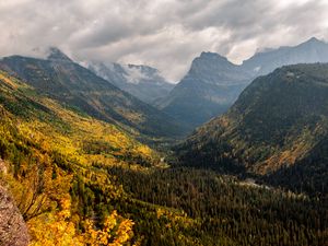 Preview wallpaper mountains, forest, clouds, landscape, valley