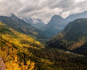 Preview wallpaper mountains, forest, clouds, landscape, valley