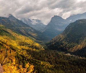 Preview wallpaper mountains, forest, clouds, landscape, valley