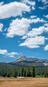 Preview wallpaper mountains, forest, field, sky, landscape, clouds