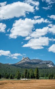 Preview wallpaper mountains, forest, field, sky, landscape, clouds