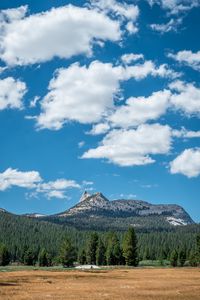 Preview wallpaper mountains, forest, field, sky, landscape, clouds
