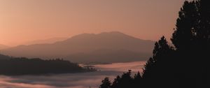 Preview wallpaper mountains, forest, fog, dusk, outlines